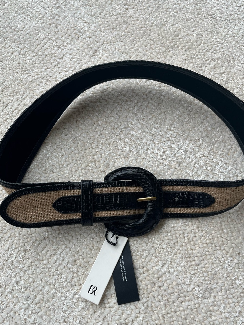 Banana Republic Black & Tan Woven Waist Belt jute and cow leather nwt
